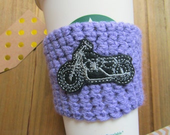 Motorcycle Crochet Coffee Cozy! Motorcycle Mama Patch Starbucks Coffee Sleeve! Birthday Gift Motorcycle Patch Cosy