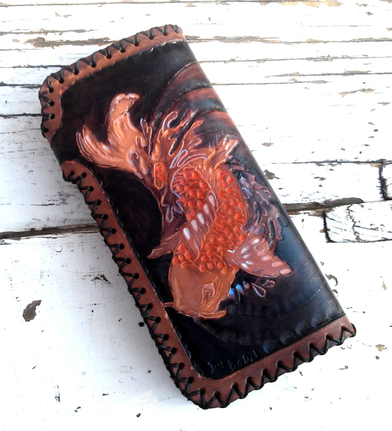Hand Tooled Leather Wallet / Tooled Koi Fish Wallet / Tooled