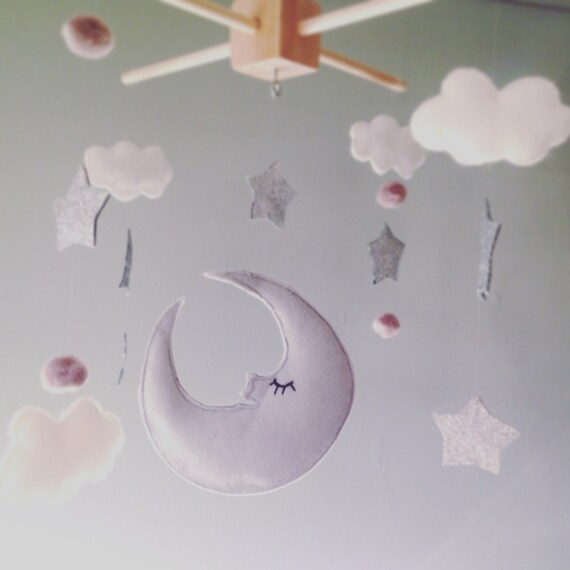 Moon, sparkly stars, pompoms and cloud mobile, hanging baby mobile for nursery, grey and white, glitter stars, pompoms