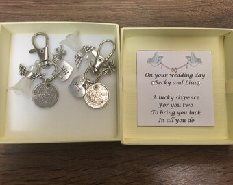 Lucky sixpence coin keyring set civil partnership lesbian wedding gift