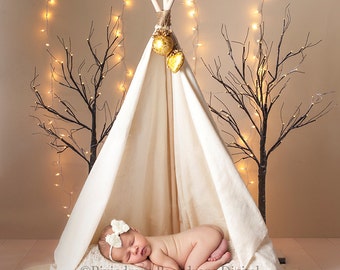 Digital Backdrops/Props (Newborn Digital Backdrop, Christmas Teepee With Lights on Cream) Newborn Digital Download