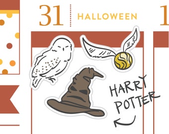 P125-Harry Potter Planner inspired Stickers, Halloween planner stickers, witch hat, owl, 28 stickers