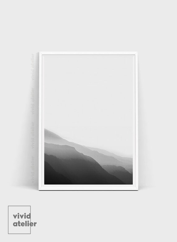 Mountain Print Minimalist Black and White by VividAtelier on Etsy