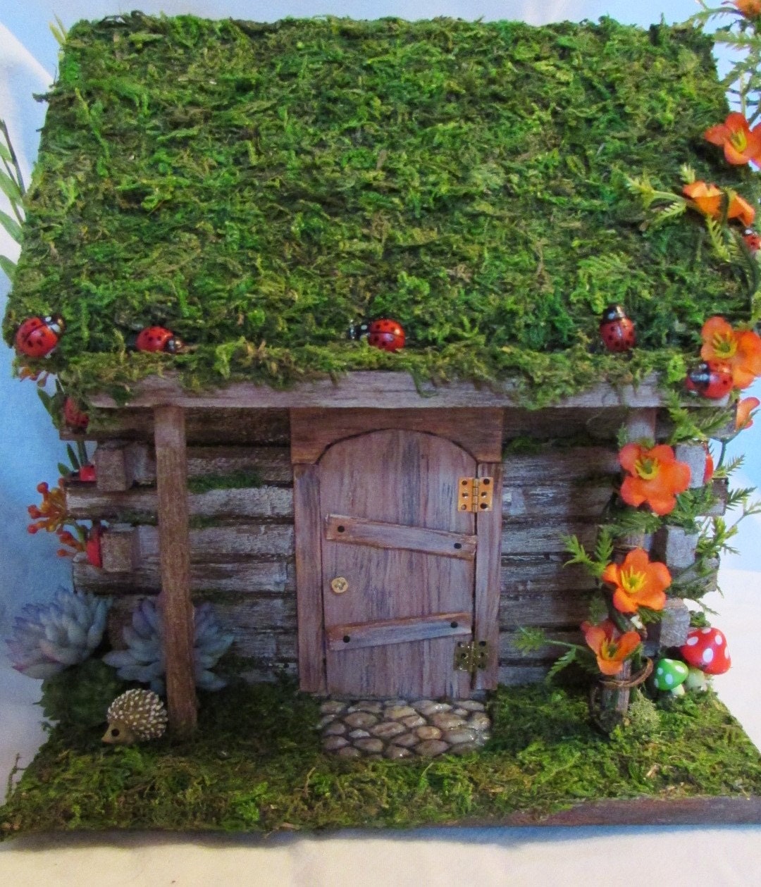 Fairy House Log Cabin with Moss Roof by charbranch on Etsy