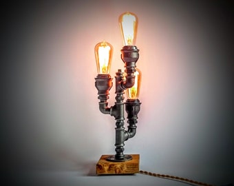 Table lamp, Edison table lamp, Edison lamp, Steampunk lamp, Industrial lighting, Gifts for man on light brown wooden base