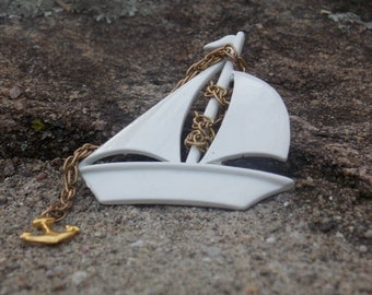 Enamel White Sail Boat Brooch Pin with Gold Tone Chain and Anchor Enamel Brooch Sail Boat Enamel Sail Boat Gold tone Anchor