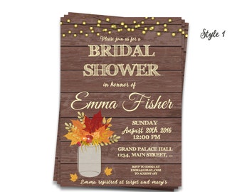 Fall Bridal Shower Invitations, Rustic Mason Jar Bridal Shower Invite, Autumn Leaves Baby Shower ideas, Rustic String Lights DIY invites
