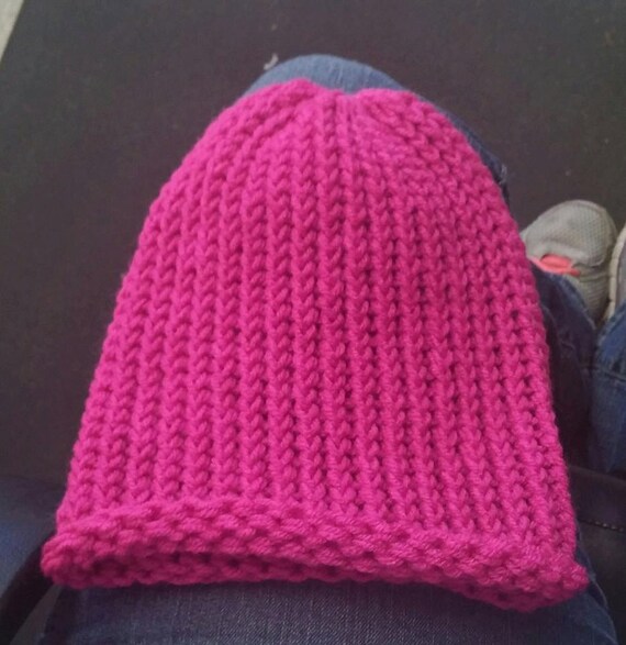Medium Loom Knit Hat in Shocking Pink Acrylic Yarn