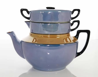 Vintage Stacked Teapot Set, Blue Lusterware, Tea Set, Atlas Czechoslovakia China