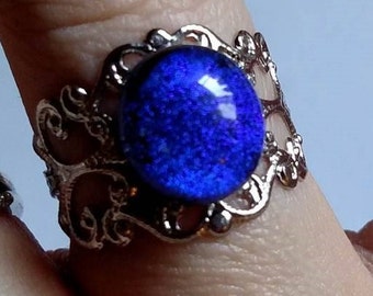 Silver Dichroic Fused Glass Adjustable Ring, Purple/Blue
