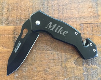 Black Pocket Knife W/ Glass Breaker. Personalized Groomsmen Gift. Engraved Knife. Groomsmen Gifts. Birthday Gift. Cheap Groomsmen Gift.