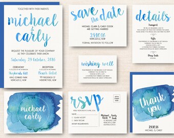 Watercolour Wedding Invitation Kit - Bright Blue - Personalised Digital Download - Printable