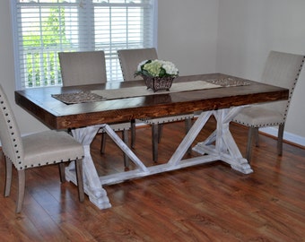 Farmhouse table, rustic table, kitchen table, chevron table, distress white table