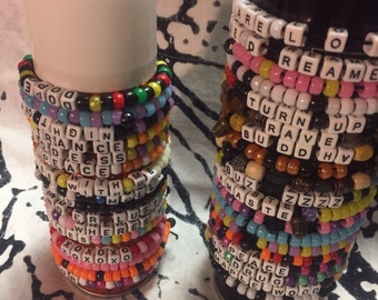 20 Custom kandi rave bracelets, kandi bracelets, choose color and word/phrase.