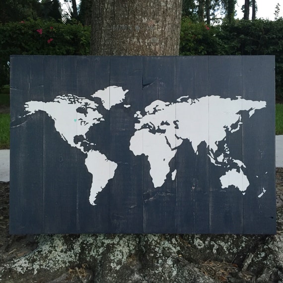 Handcrafted Wood Plank World Map 30x44 Custom Dark Navy Blue