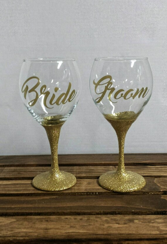 Bride and Groom Wine Glass Gold Glittered Wine Glass Gold