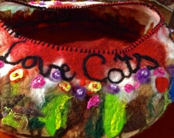 Felted cat bed cat cave with cushion, embelished love cat