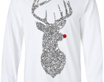 Rudolph Christmas Shirt, Christmas Shirt, Reindeer Christmas Shirt, Glitter, Rudolph the Red Nose Reindeer Shirt, Deer, Silhouette Deer