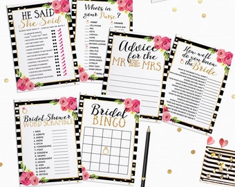 Bridal Shower Game Package - Black Stripes Gold Foil Bridal Shower Game Bundle - Including Advice Card - Gold foil - Pink Black BS34