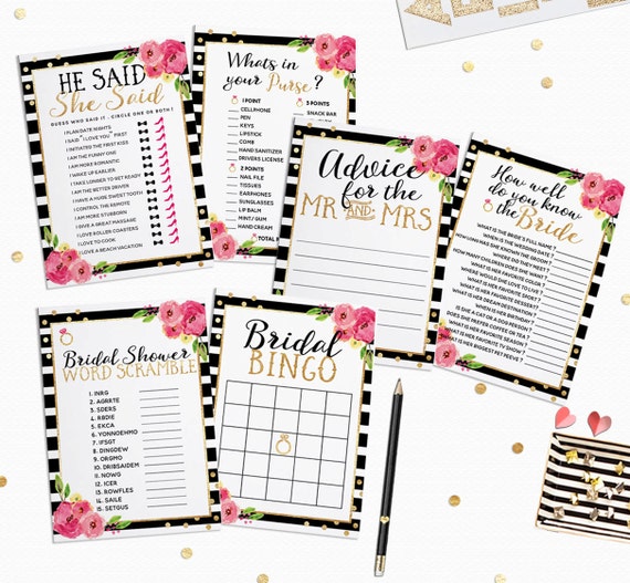 Bridal Shower Game Package - Black Stripes Gold Foil Bridal Shower Game Bundle - Including Advice Card