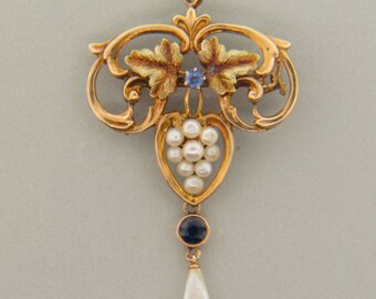 Ladies Art Nouveau Grape Seed Pearl and Sapphire Convertible Pendant or Brooch