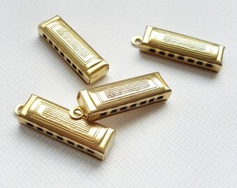 4 Raw Brass Mini Harmonica Charms
