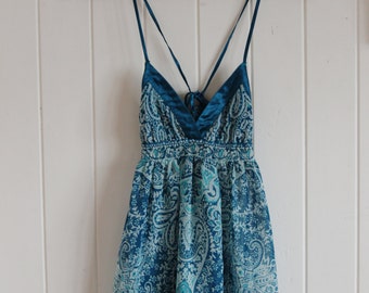 Triangle, top, paisley print, 90's, aqua blue green, sheer, romper halter