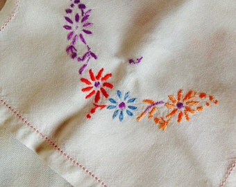 Vintage Irish linen napkins hand embroidered, Retro Irish linen floral embroidered napkins, Irish made linen white and floral hand stitich