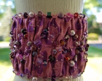 Bracelet - Upcycled Silk Necktie - Beaded Cuff Bracelet-English Smocking
