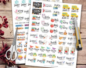School Printable Planner Stickers, Watercolor School Stickers, Erin Condren Planner Stickers, Happy Planner