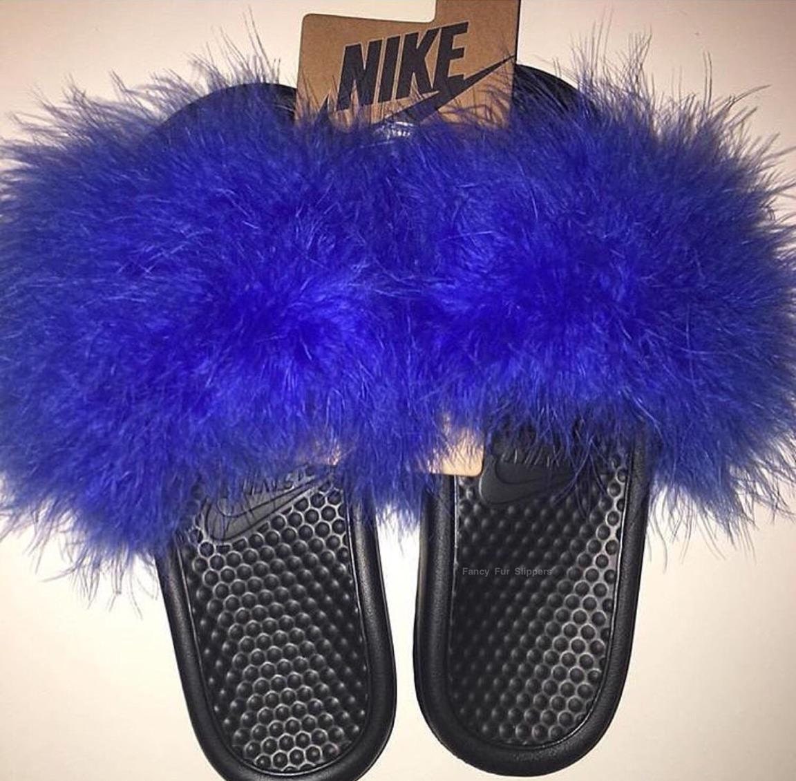 Blue Nike Fur Slides by Fancyfurslippers on Etsy