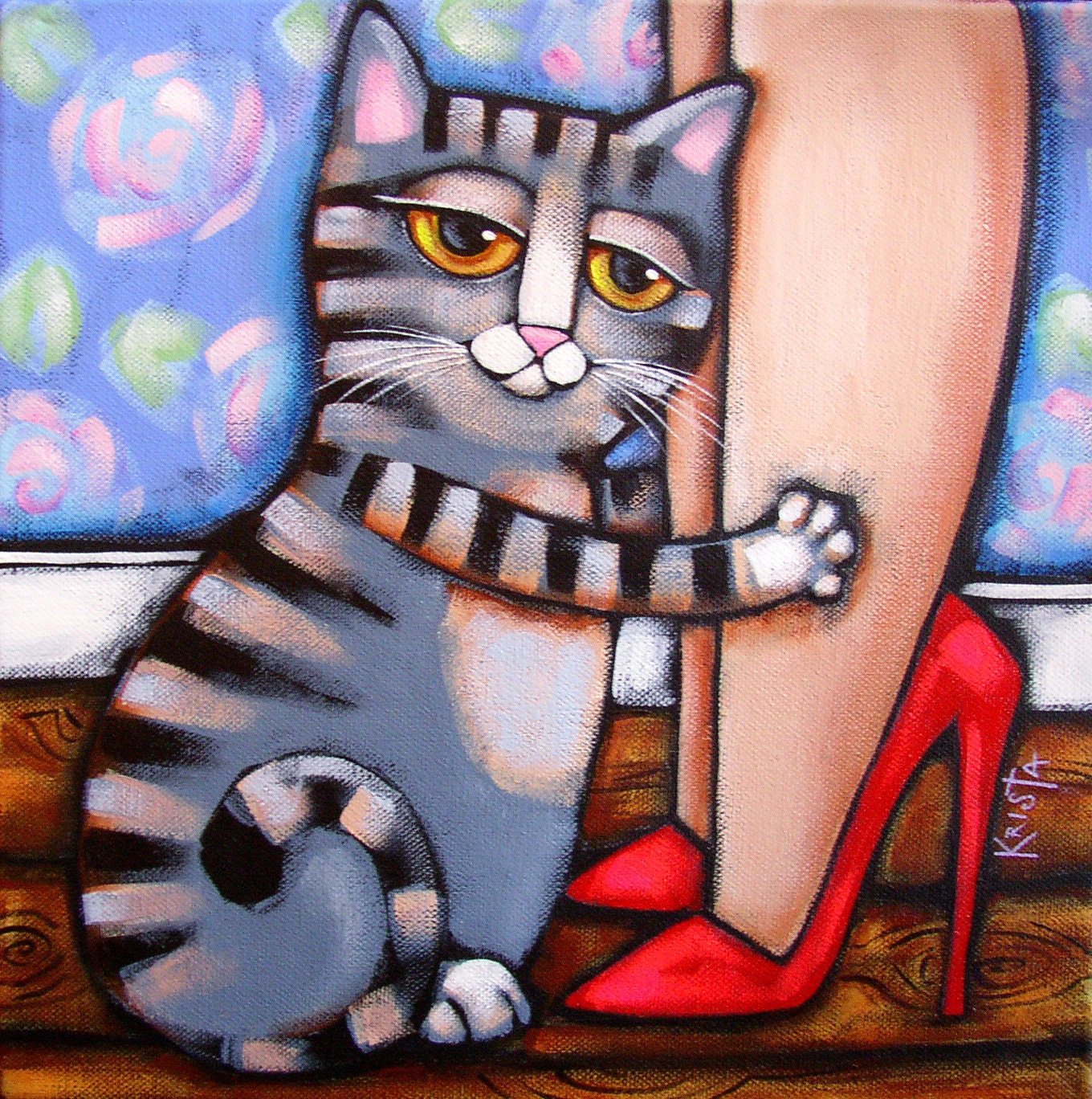 Cat Hug Folk Art Cat Print Cats Wall Art Whimsical Cat 4963