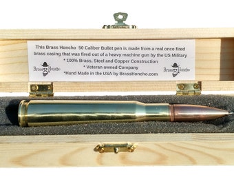 Genuine .50 caliber BMG Bullet Pen Personalized - Made From a Real .50 Cal Bullet in Engraved Wooden Gift Box - Office Pen USA MADE!