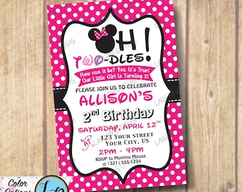 Oh Two-Dles Minnie Mouse Inspired Polka Dot Invitation; Minnie Mouse Photo Invitation; Little Girl is Turning Two invite