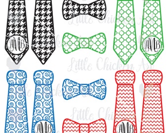 Patterned Tie Set with Monogram Circle, Bow Tie / Neck Tie, Cut File / Clip Art, Silhouette, Cricut, Scrapbook, SVG, DXF, JPEG, Houndstooth