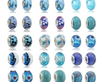 Charm Central Mixed Blue Glass Lampwork Charms for Charm Bracelets - 30 Charms for Charm Bracelets -All Charms Fit Pandora Charm Bracelets