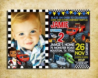Blaze And The Monster Machines Invitation - Blaze Chalkboard Birthday Invite With Photo - Printable And Digital File