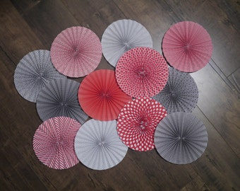 Handmade Red and Gray Paper Rosettes - Pinwheels - Wedding Decorations - Wedding Backdrop - Paper Fans - Bridal Shower - Baby Shower