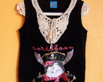 Vintage 80s Womens Vest Ugly Christmas Vest Black White Red With Sequins With Cat Crocheted Collar Size Medium