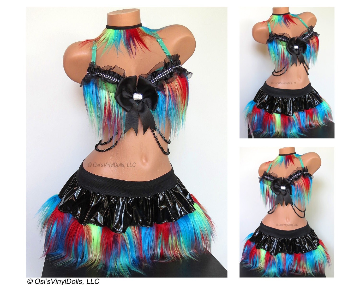 Rave Outfit Bra Skirt and Collar Aqua and Neon Yellow