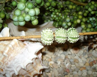 handmade clay beads 3 Lime Green Sea Urchin beads 5/8" for jewelry ceramic porcelain - by Earth N Elements Pottery