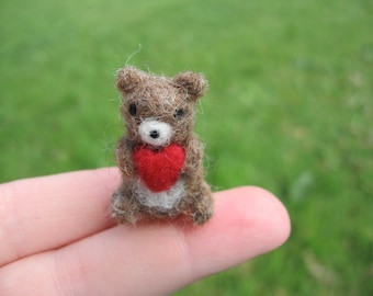 Needle Felted Bear With Heart Valenties Day Miniature Tiny Figure