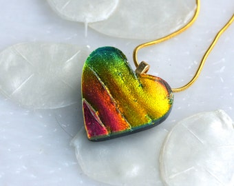 One of a Kind Heart Dichroic Fused Glass Pendant Necklace Jewelry 01190, GetGlassy