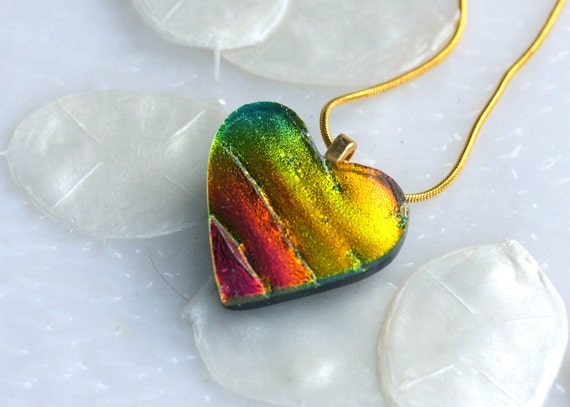 One of a Kind Heart Dichroic Fused Glass Pendant Necklace Jewelry 01190