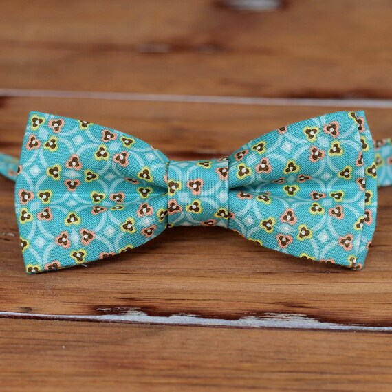 Boys Bow Tie Teal blue print yellow salmon pink accents