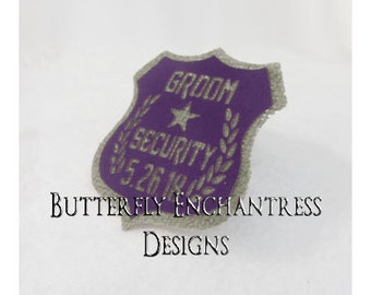 Groomsman Gift - Gray GROOM SECURITY Wedding Badge Pin - Best Man - Grey Purple - Personalized Custom Wedding Date - BE Lapel