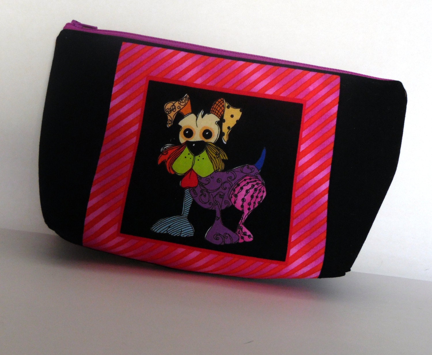 Scruffy Dog Zippered Pouch Pink Stripe Dog Lovers Makeup Bag