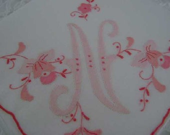 N Monogram PINK For Bride or Bridesmaids Hanky Handkerchier Madeira Style
