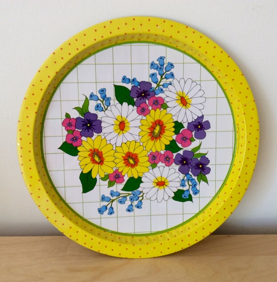 Items similar to Vintage Metal Yellow Flower Tray on Etsy