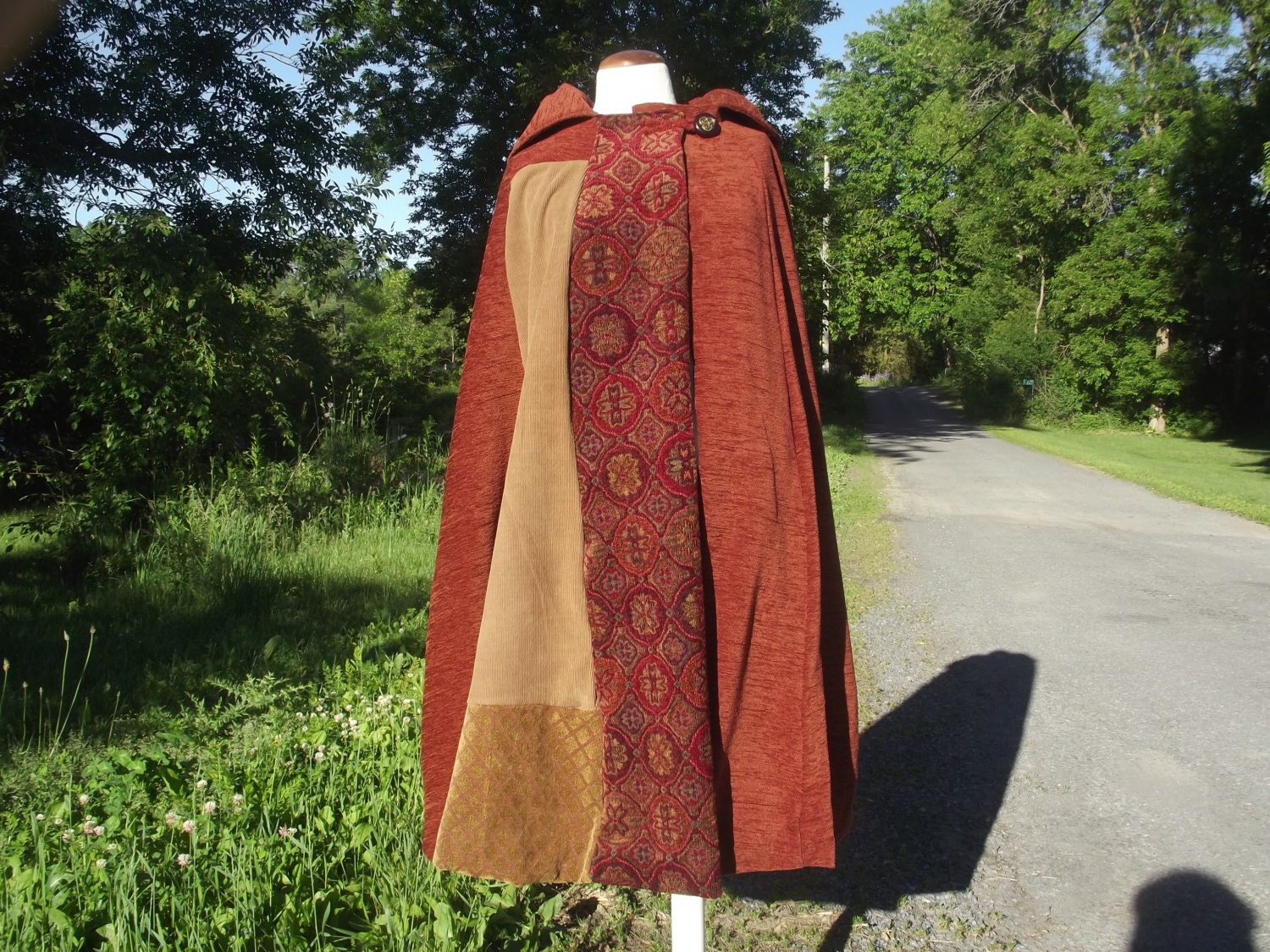 Hooded cape lined long handmade fabric piecework cloak wrap